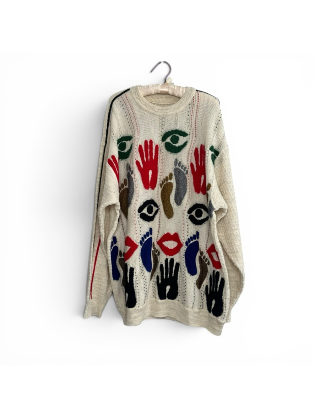 Vintage Abstract Art Sweater Eyes Hands Faces Oversized Graphic Knit